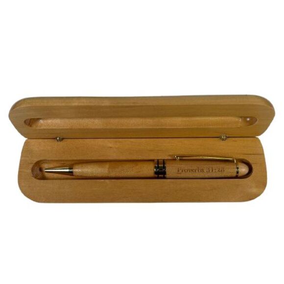 Bamboo Wooden Wood Ballpoint Pen + Case Engraved Proverbs 31:28 Scripture Verse - Picture 2 of 16